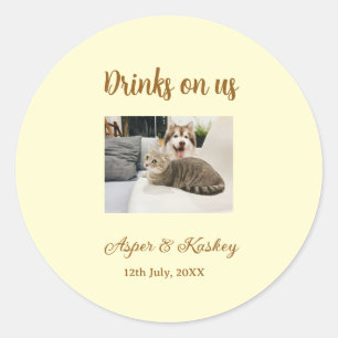 Drinks on us open bar pet photo wedding couple dat classic round sticker