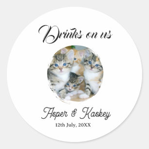 Drinks on us open bar pet photo wedding couple dat classic round sticker