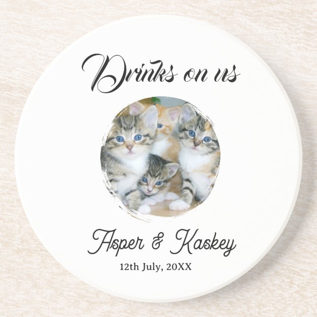 Drinks on us open bar pet photo wedding couple dat coaster (Front)