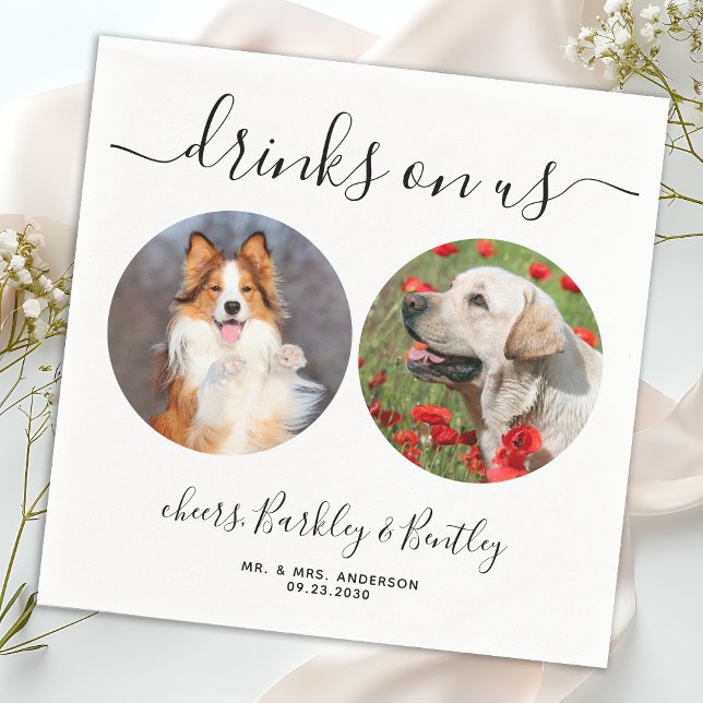 Drinks On Us Personalised 2 Photo Pet Dog Wedding Napkin (Creator Uploaded)