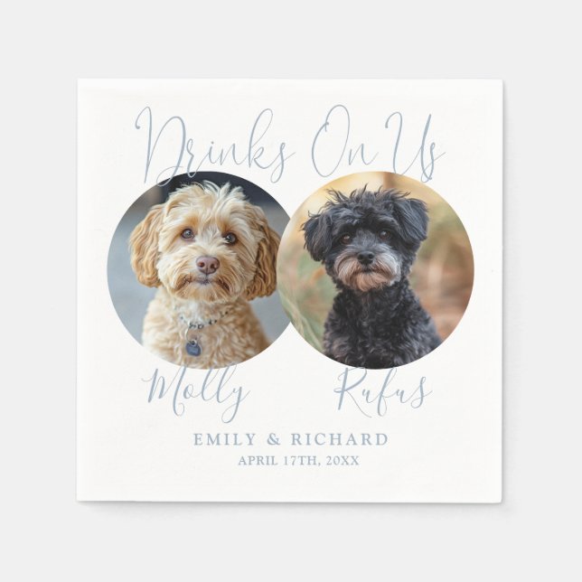 Drinks On Us Pet Photos Dusty Blue Wedding Napkin (Front)