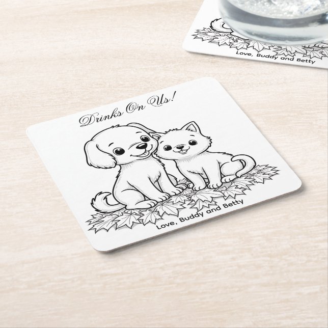 Drinks On Us Simple Drawing Cute Dog & Cat Wedding Square Paper Coaster (Angled)