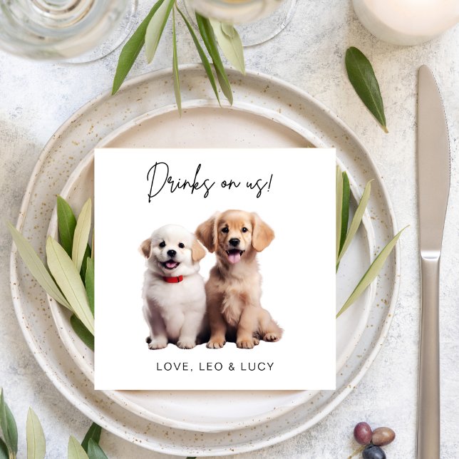 Drinks On Us Simple Photo Cute Fun Dog Pet Wedding Napkin (Creator Uploaded)