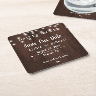 Drinks on us simple rustic wedding save the date square paper coaster