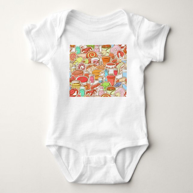 Drinks, seafood, snacks, seamless pattern baby bodysuit (Front)