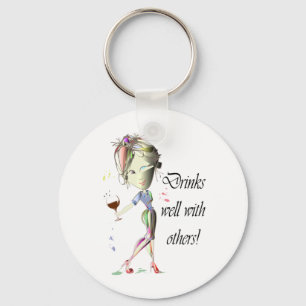 Drinks well with others, funny Wine art Key Ring
