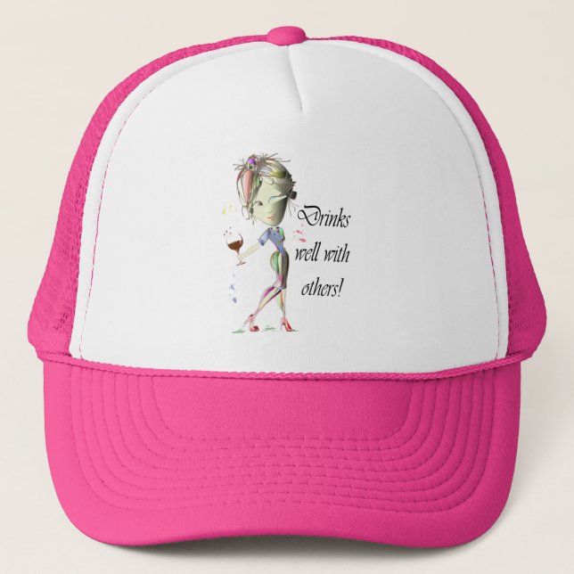 Drinks well with others, funny Wine art Trucker Hat (Front)