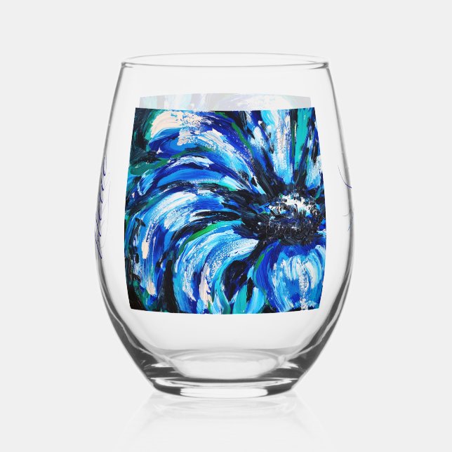 Drinkware Set Blue Flower Stemless Wine Glass (Front)