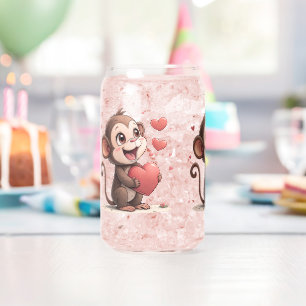 Drinkware Set Monkey Love Red Hearts  Can Glass