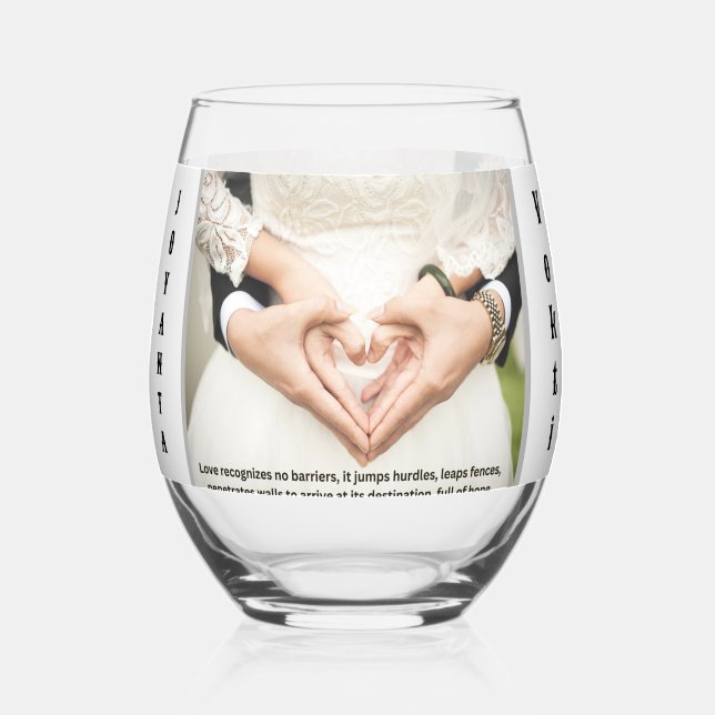 Drinkware wedding  photo with Name Stemless Wine Glass (Front)