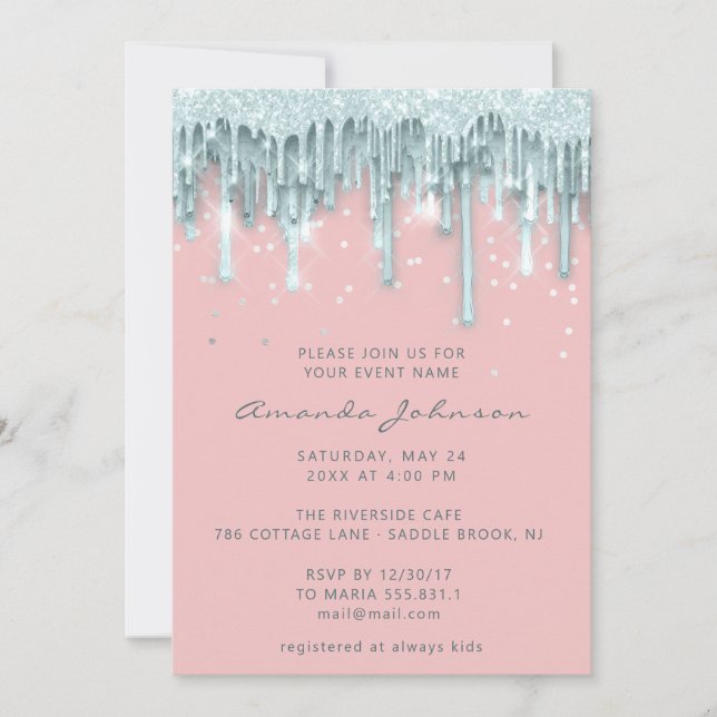 Drip Rose Glitter Baby Girl Pink Blue Invitation (Front)