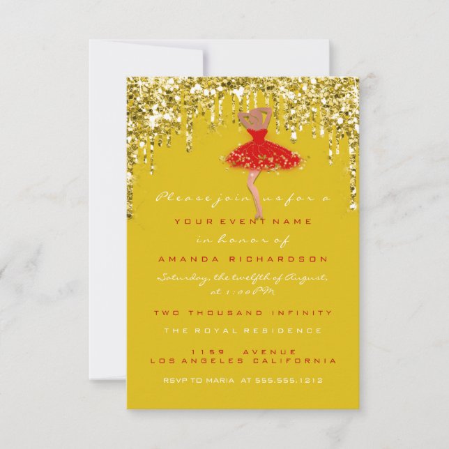  Drip  Yellow Gold Glitter Bridal Sweet 16th Dress Invitation (Front)