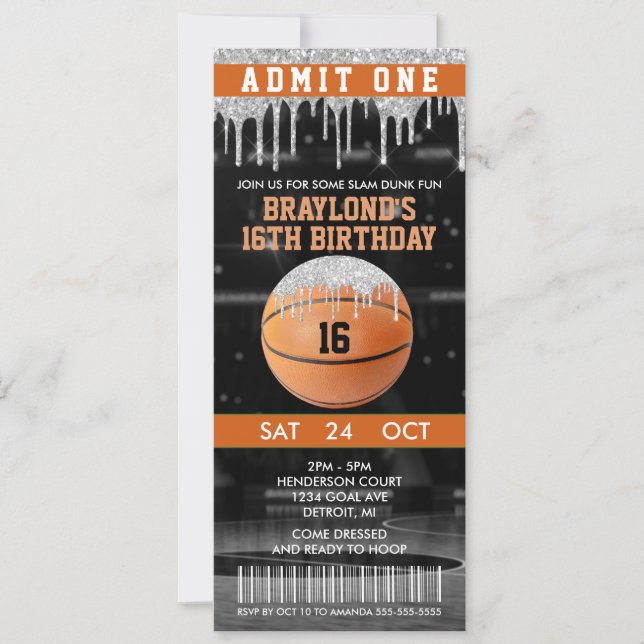 Dripping Basketball Birthday Ticket Invitation (Front)