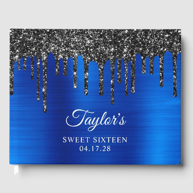 Dripping Black Glitter Royal Blue Glam Sweet 16 Guest Book (Front)