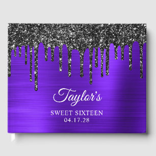 Dripping Black Glitter Violet Glam Sweet 16 Guest Book