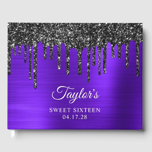 Dripping Black Glitter Violet Glam Sweet 16 Guest Book (Front)