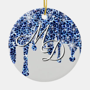 Dripping Blue Cheetah Sparkles Monogram Ceramic Tree Decoration