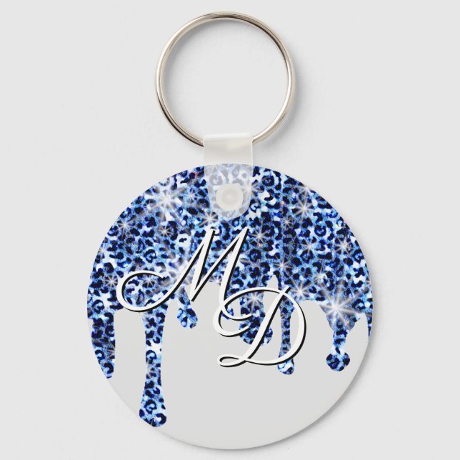 Dripping Blue Cheetah Sparkles Monogram Key Ring (Front)