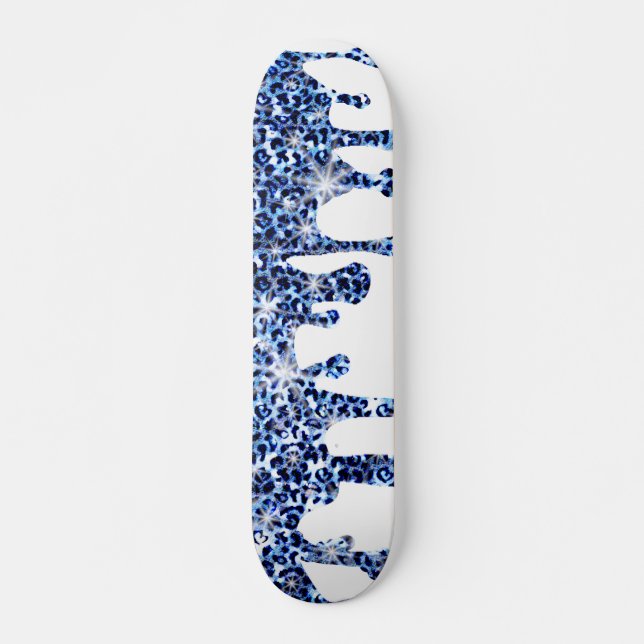 Dripping Blue Cheetah Sparkles Skateboard (Front)