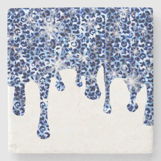 Dripping Blue Cheetah Sparkles Stone Coaster (Front)
