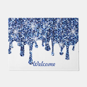 Dripping Blue Cheetah Sparkles Welcome Doormat