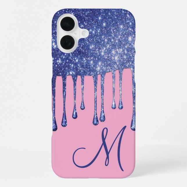 Dripping Blue Glitter Monogram Phone Case (Back)