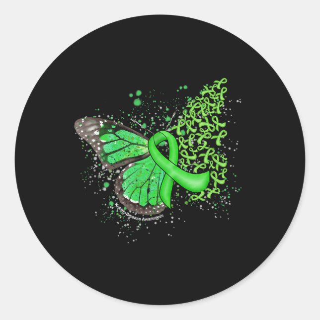 Dripping Butterfly Green Ribbon Kidney Disease Awa Classic Round Sticker (Front)