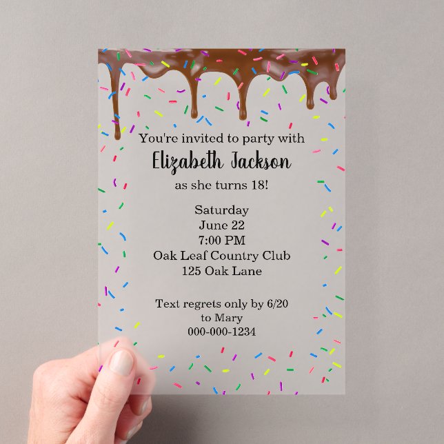 Dripping Chocolate and Colourful Birthday Sprinkle Acrylic Invitations (Insitu (Handheld))