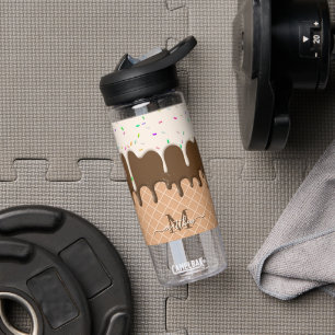 Dripping Chocolate Ice Cream Waffle Cone Monogram  Water Bottle