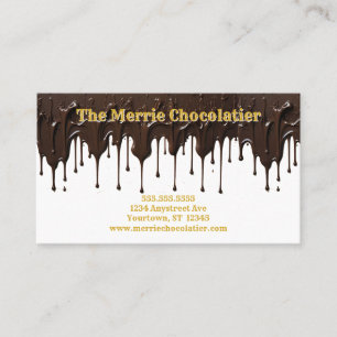 Dripping Chocolate on White Background Candy Shop Business Card