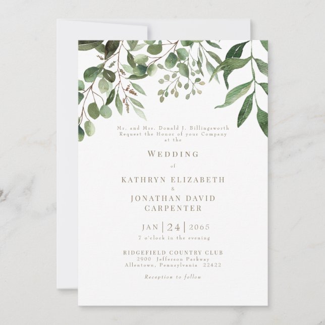 Dripping Eucalyptus Gold Text Wedding Invitation (Front)
