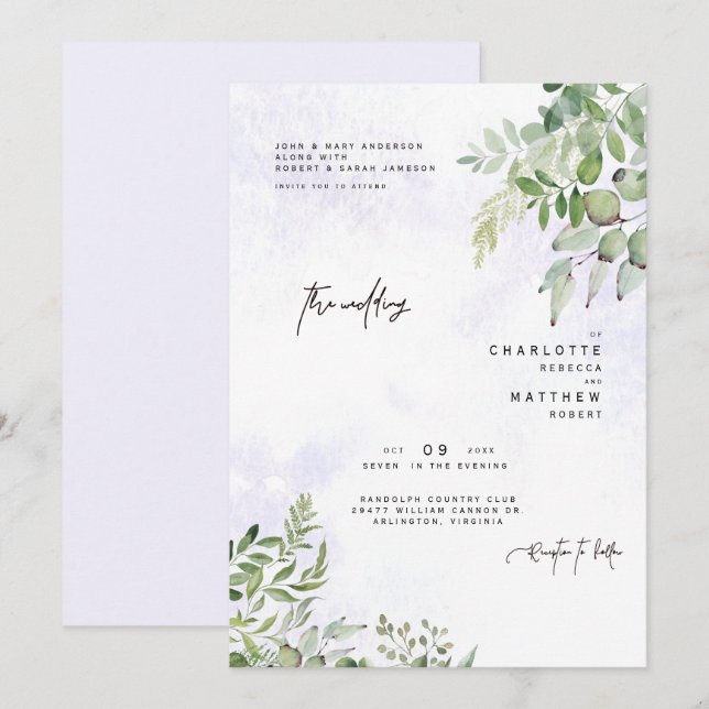 Dripping Foliage Dreamy Lavender Wedding Invitatio Invitation (Front/Back)