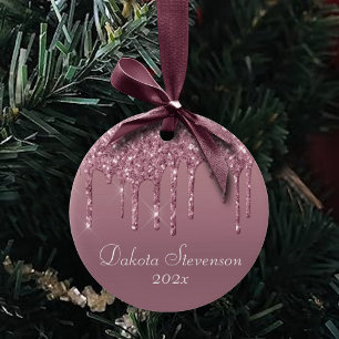 Dripping Girly Glitter Dusty Mauve Pink Monogram Ceramic Tree Decoration