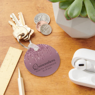 Dripping Girly Glitter Mauve Pink Quinceanera Key Ring