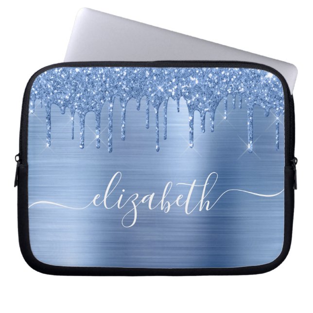 Dripping Glitter Blue Personalised Laptop Sleeve (Front)