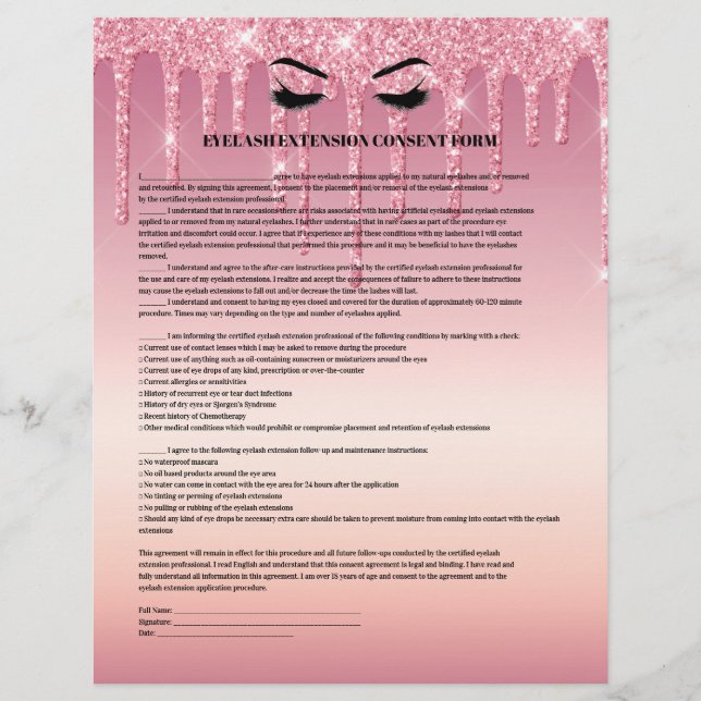 Dripping Glitter EYELASH EXTENSION CONSENT FORM  Flyer (Front)