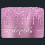 Dripping Glitter Monogram Pink iPad Air Cover<br><div class="desc">Custom elegant and girly ipad cover featuring pink faux glitter dripping against a pink faux metallic foil background. Monogram with your name in a stylish white script with swashes.</div>