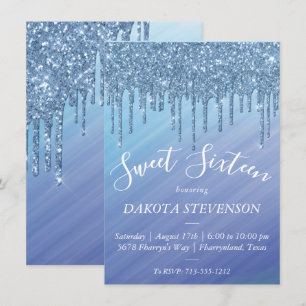 Dripping Glitter   Ombre Blue Glam Sweet Sixteen Invitation