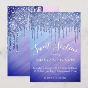 Dripping Glitter Ombre Purple Blue Sweet Sixteen Invitation