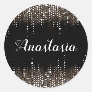 Dripping Glitter Rain Golden Sequins Sparkle Black Classic Round Sticker