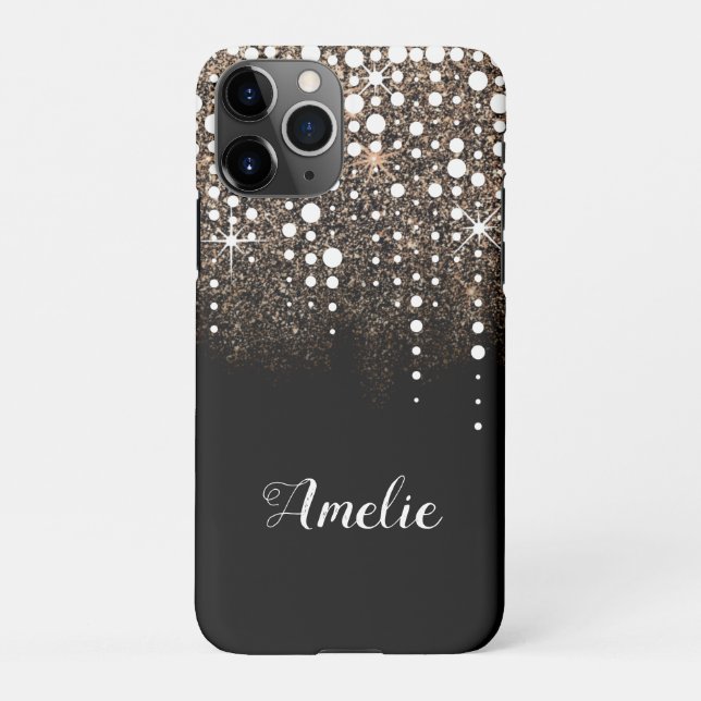 Dripping Glitter Rain Golden Sequins Sparkle Black iPhone Case (Back)