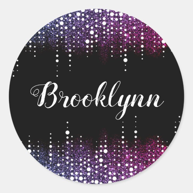 Dripping Glitter Rain Purple Sequins Sparkle Black Classic Round Sticker (Front)