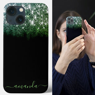 Dripping Glitter Rain Teal Black Galaxy Stars Name iPhone 12 Case