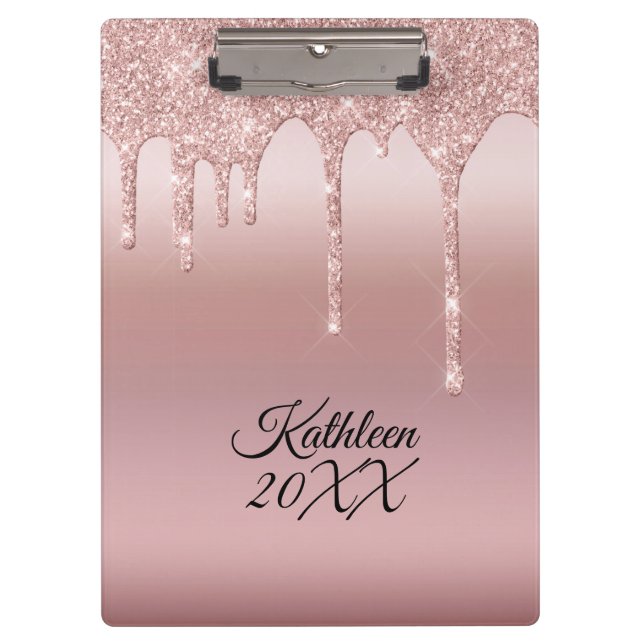 Dripping Glitter Rose Gold Personalised Clipboard (Front)