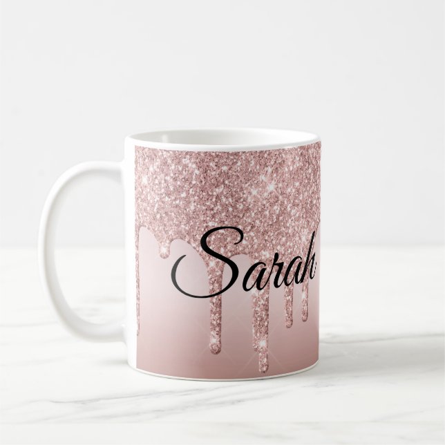 Dripping Glitter Rose Gold Personalised Coffee Mug (Left)