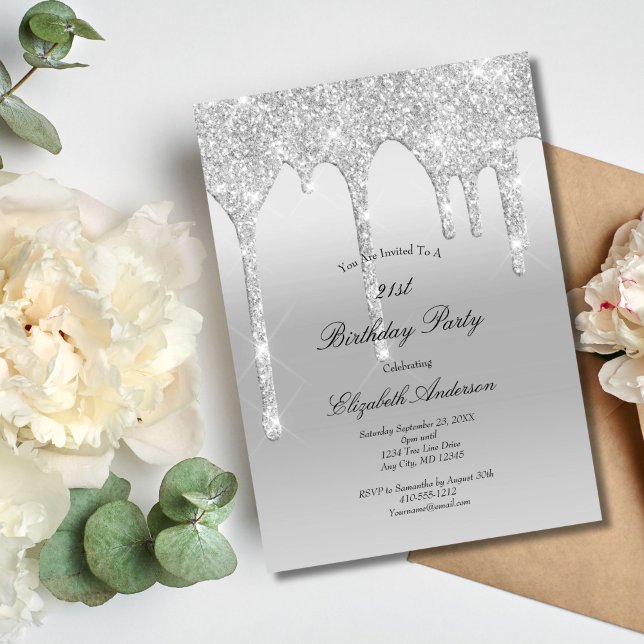 Dripping Glitter Silver Glam Bling 21st Birthday Invitation (Silver Dripping Glitter 21st Birthday invitation Glam Bling)