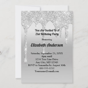 Dripping Glitter Silver Personalised 21st Birthday Invitation