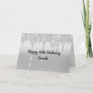 Dripping Glitter Silver Personalised Birthday Card