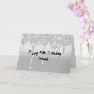 Dripping Glitter Silver Personalised Birthday Card