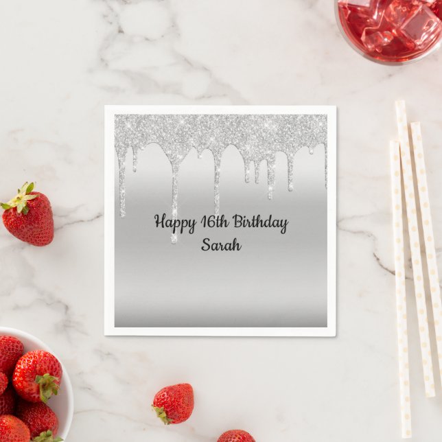 Dripping Glitter Silver Personalised Birthday  Napkin (Insitu)